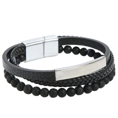 Herren Armband 3 Strang, Lavasteinperlen, Leder mit Magnetverschluss, schwarz, 21x2cm