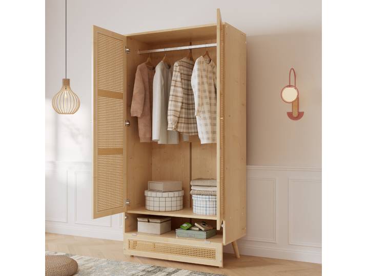 Armoire 2 Portes 90x45x183 Cm Avec Penderie Et Coffre Bas Rabattable\, Rotin Pe - Panneaux De Particules - Naturel