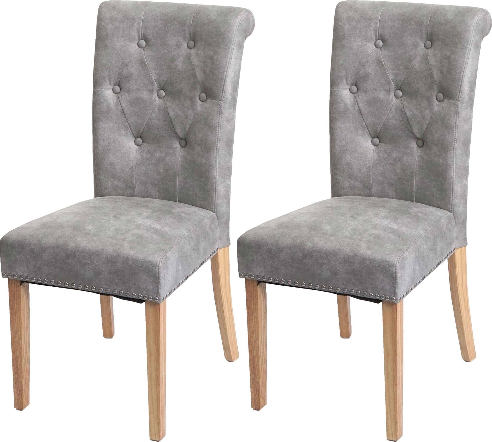 Set van 2 Mendler Chesterfield II eetkamerstoelen met nagels, lichtgrijs textiel, lichte poten