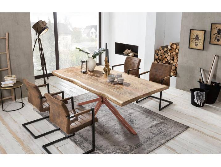 Esstisch SIT Kigali Mango Massivholz mit natürlicher Baumkante und Stern-Gestell , braun (braun, braun, natur), B:200cm H:77cm T:100cm, Tische, Esstisch, Markantes Stern-Gestell trifft auf massive Mango-Baumkante