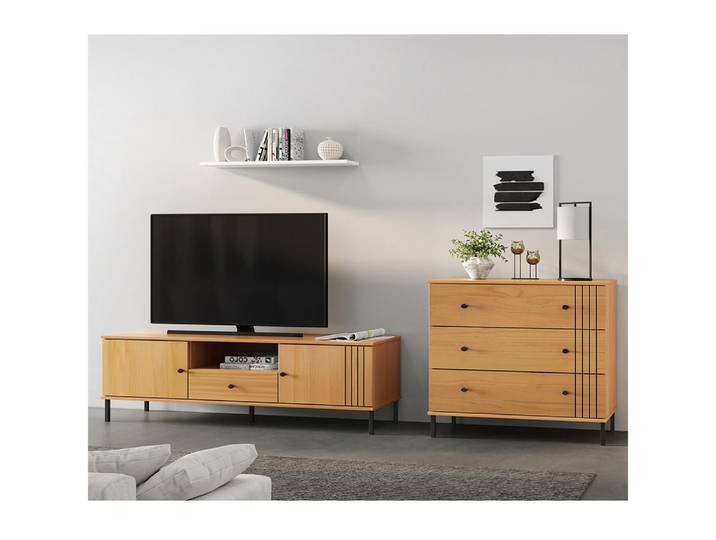 Lomadox Wohnwand WILLOW-69, (2-St., Lowboard Kommode), Kiefer massiv Massivholz eichfarbig Rillen Design