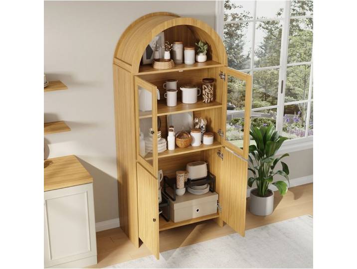 MEUBLIV Buffet haut vitrine 78 x 40 x 176 cm 4 portes en verre et rangements fermés bois naturel
