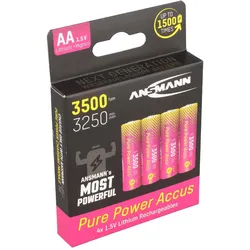 Ansmann Pure Power Mignon AA Akku, Li-Ion, 1,5V, min. 3250mAh, typisch 3500mAh, 4er Blister (4 Stk., AA, 3250 mAh), Batterien + Akkus