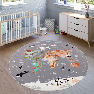 Kinderteppich PACO HOME "Bino 581", grau, H:4mm Ø:160cm, Polyester, Teppiche, Kinderteppich, Spielteppich, Motiv Weltkarte & Tiere, Kinderzimmer