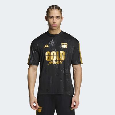 T-Shirt ADIDAS SPORTSWEAR "ADIDAS X FORTNITE TIRO JERSEY", Herren, Gr. XXL, schwarz (schwarz, gold metallic), Obermaterial: 100% Polyester, Rundhals, Shirts T-Shirt, mit Rundhalsausschnitt, ohne Verschluss, sportlicher Stil