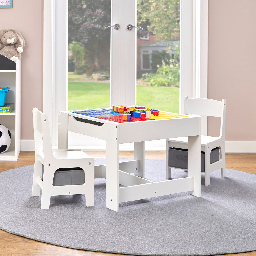 Liberty House Toys Kids Wooden Activity Table and Two Chairs with Grey Storage Bins White 60cm W X 48cm H