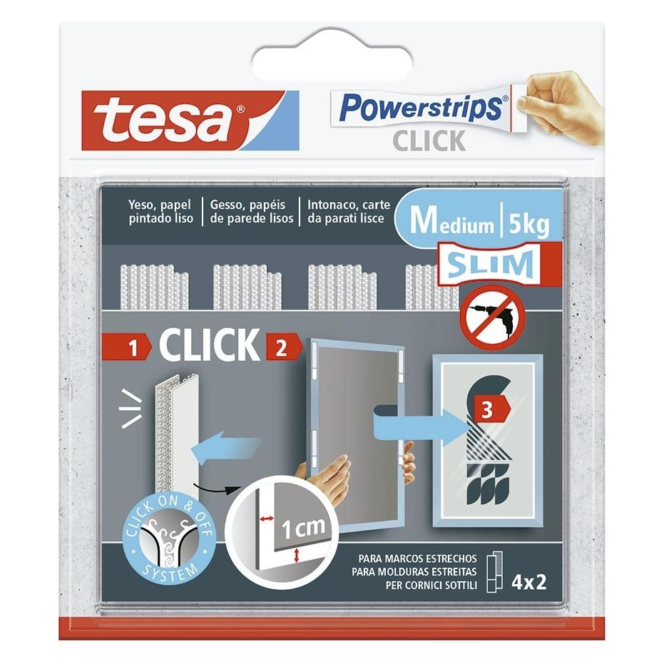 tesa Powerstrips click Bilder-Aufhängestreifen, maximale Belastung 5 kg, 4 Paar Streifen, 8 x 1 cm (73031428)