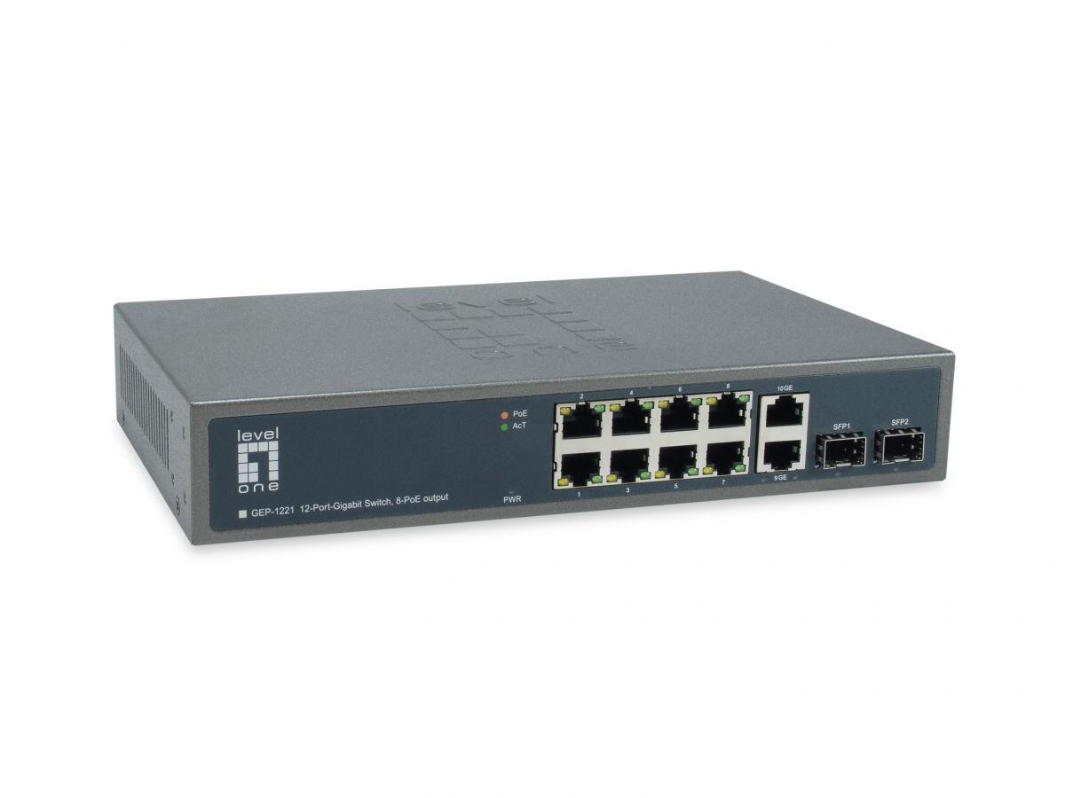 LevelOne Switch 12 Gigabit Ethernet-Ports mit 8 PoE-Ports 150W, 2 Gigabit-Ports, 2 Gigabit SFP (GEP-1221)