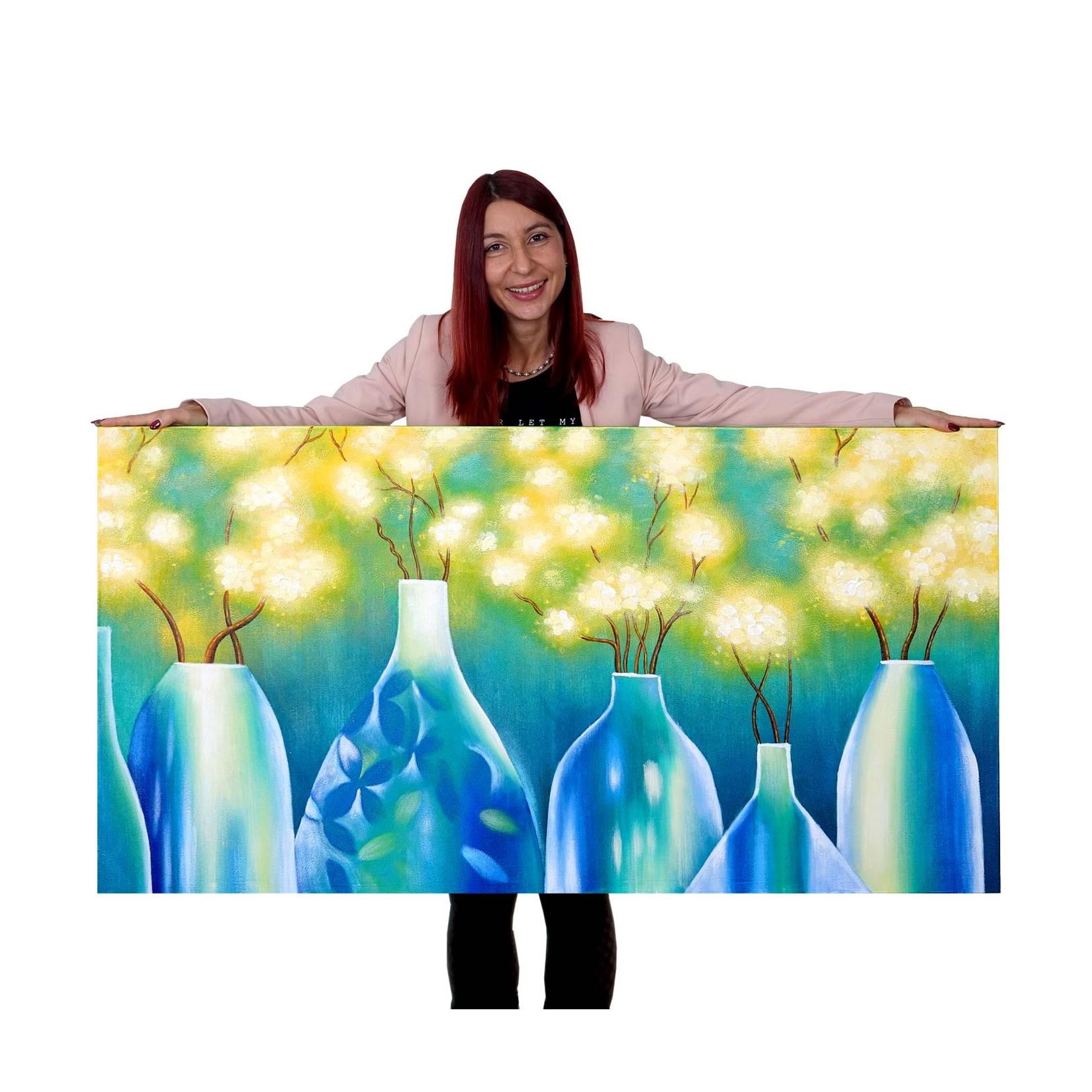 Wandbild Vasen, 100% handgemaltes Ölgemälde Gemälde XL, 135x70cm