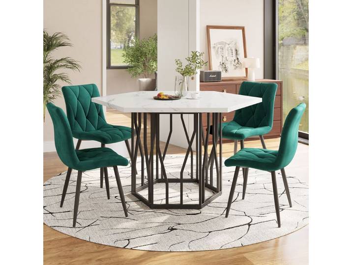 Ensemble Table à Manger Hexagonale Moderne en Marbre + 4 Chaises Table et Chaises Chaises de Salle à Manger en Velours Vert