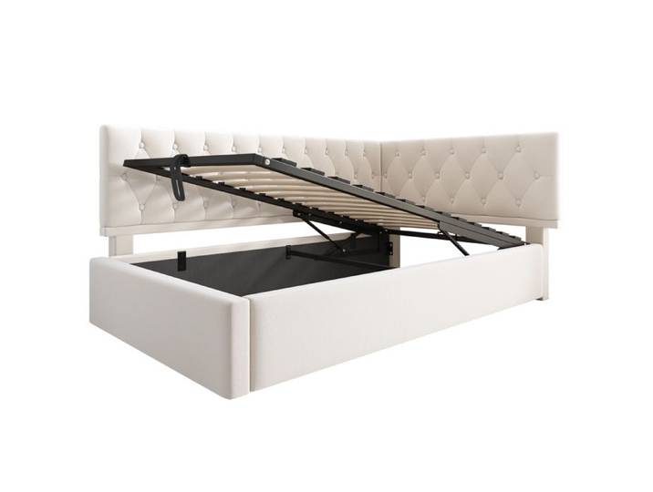 Canapé-lit - HIBA - 90x200 Velours Beige - Coffre hydraulique - Cadre bois/métal - Tête de lit réversible