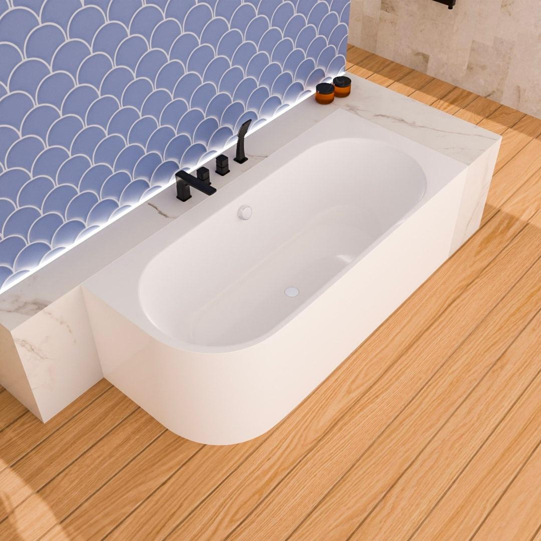 ECOLAM halb freistehende Badewanne 180x80 cm rechts Vigoo Eckbadewanne für Zwei Siphon Click Clack chrom Wanne TOP Qualiät