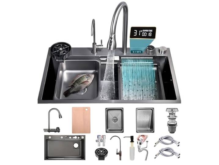 KOOGIMDDR 80x50cm Tiefes 1 Becken Aus Wasserfall spüle, Küchenspüle Edelstahl Rechteck, Küchenspüle Für Den Arbeitsplatz, Multifunktionale Barspüle, Gläserspüler und Abflusskörbe