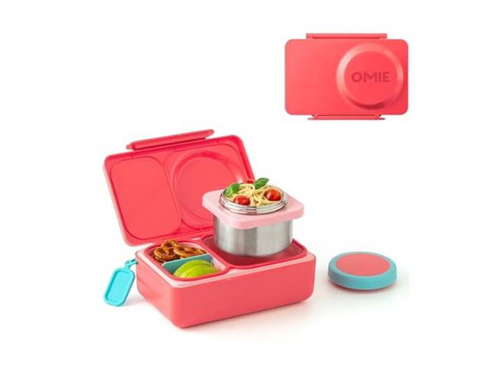 Omie OmieBox UP Bento-Box für Kinder, isolierte Lunchbox, auslaufsicher, vakuumisoliert, Thermo-Lebensmittelglas, Kühler Eisbeutel, 2 Fächer, Kirschrosa