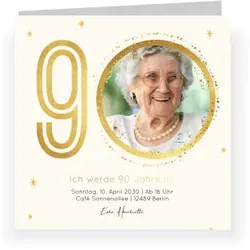 Einladungskarte Geburtstag: 90 goldene Jahre mit Foto in Creme