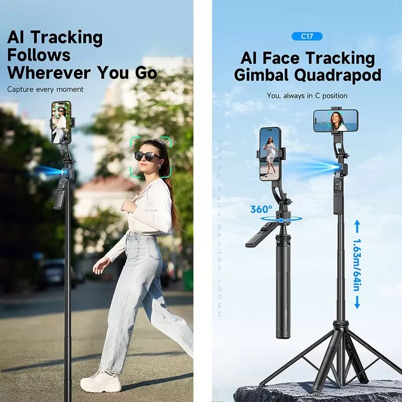 INF Trépied Selfie en Alliage d'Aluminium 1,6m avec Double Lumière & Suivi Facial IA - Noir