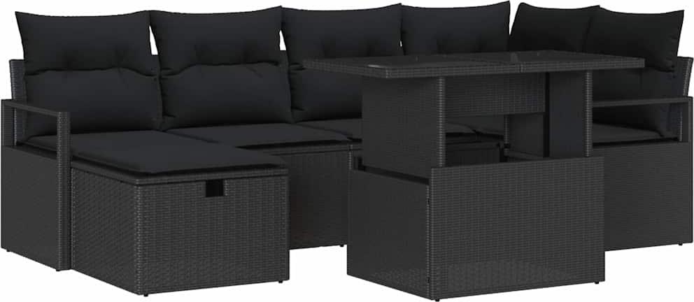 Modulares Garten-Sofa-Set, 7-teilig für 6 Personen, Poly-Rattan Schwarz, mit Sicherheitsglas-Tisch und UV-Schutz, verstellbare Füße