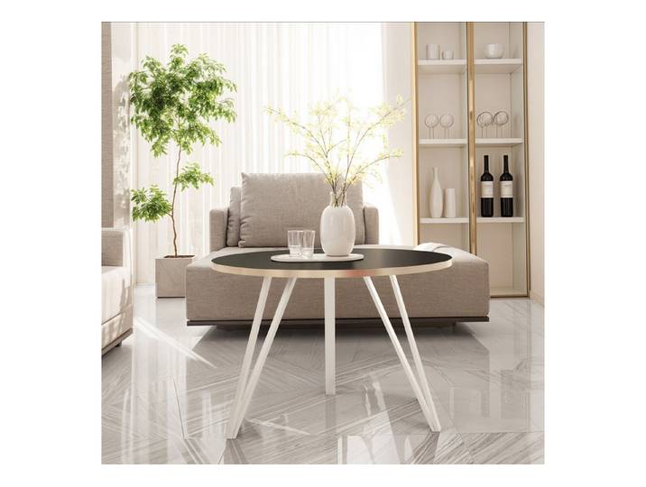Design Möbel Couchtisch Moderner runder Couchtisch Metall Schwarz Weiß Loft goldener Kante
