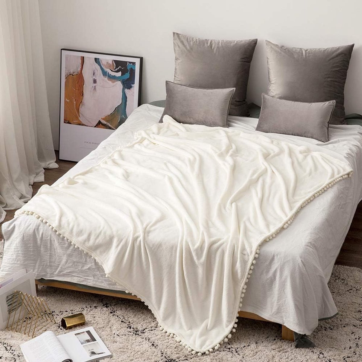 Luizig Flanellen Fleecedeken met Pompons, Beige, 170 x 210 cm
