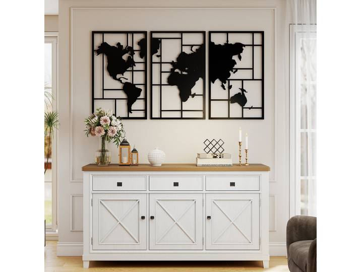 HOMCOM Décoration murale en métal, carte du monde en 3 parties, pour salon, chambre, couloir, noir