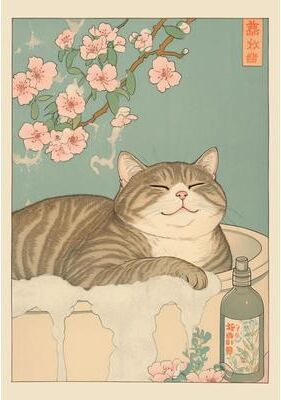 Inspired Living Japandi Cat Bath Canvas Print Funny Cat Wall Art For Stylish Bathroom Wall Decor 8 20x30cm Unframed