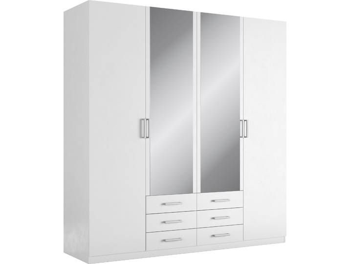 Kleiderschrank, Holzwerkstoff, Weiß, 185×193×56 cm, 4 Türen & LED-Beleuchtung, Modern, Priess