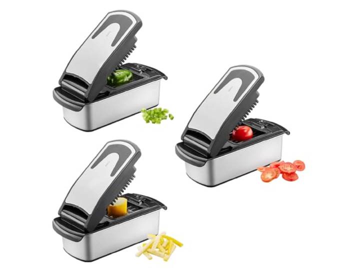GEFU Treppo 2.0 Würfel- und Stifteschneider - Gemüseschneider Edelstahl Manueller Obstschneider mit 3 Einsätzen für Stifte, Würfel oder Scheiben, 1 l Auffangbehälter, spülmaschinengeeignet