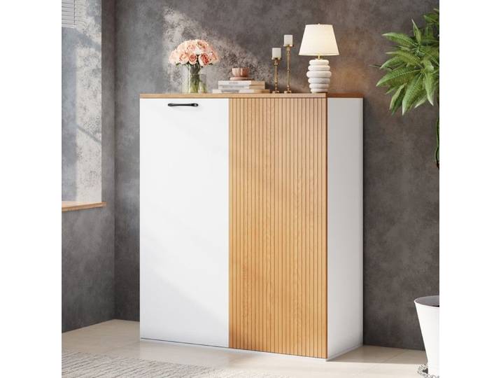 MEULVA Armoire haute 2 portes 80 x 40 x 110 cm en MDF blanc et aspect chêne fermeture douce