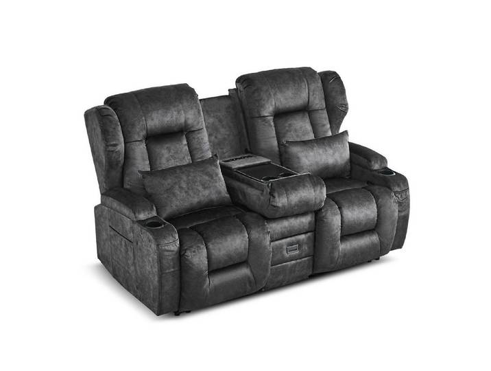 LuxusKollektion TV-Sessel Relaxsessel Zweisitzer Samtstoff Grau Klappbare Mittelkonsole