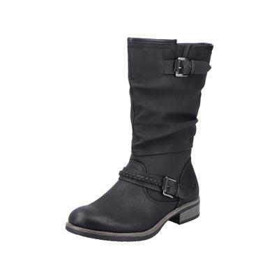 Stiefel RIEKER, Damen, Gr. 38, Normalschaft, schwarz, Lederimitat, Schuhe Stiefel, Winterboots,,Blockabsatz mit gerafftem slouchy-Schaft, schmale Form