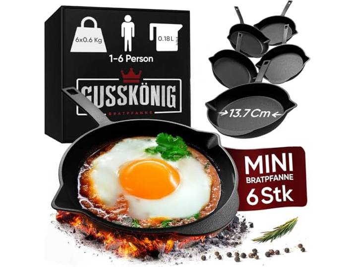 GUSSKÖNIG Mini Bratpfanne Gusseisen (6er Set) – Gusseisenpfanne klein Ø 13,5 cm – 6x kleine Pfanne Gusseisen – eingebrannte Gusseisenpfanne Grill – 30 Jahre Garantie