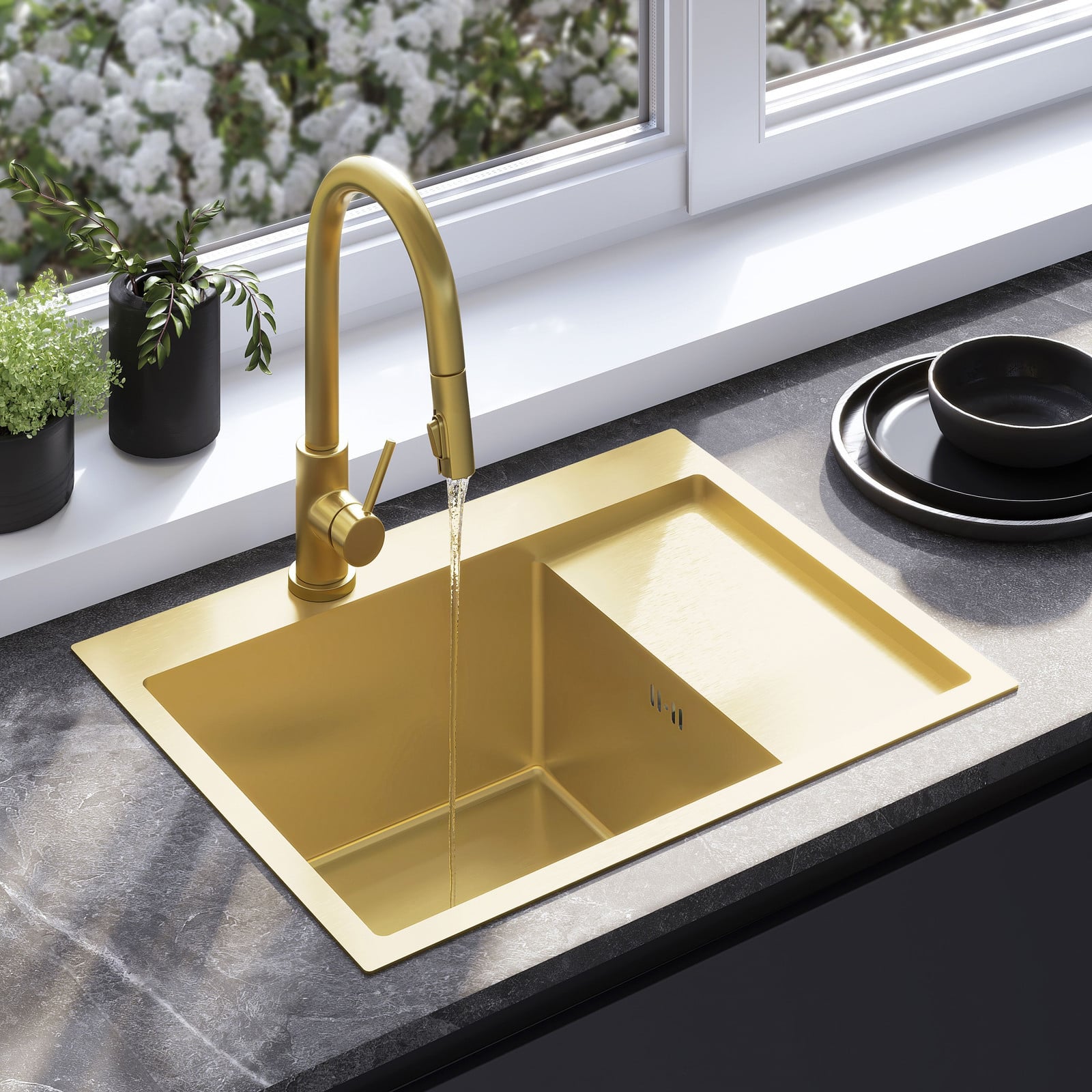 Rea Stalen Spoelbak Brush Gold met keukenkraan