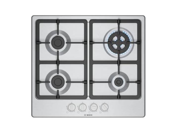 Bosch PGH6B5K90 Serie 4 Gaskochfeld 60 cm 4 Brenner Edelstahl Gaskochfeld mit präziser Flammenkontrolle, spülmaschinenfeste Gusseisen-Grillroste Made in Europe