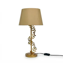 Relaxdays Tischlampe, Metallfuß, Stoffschirm, E27, HxD: 55x27 cm, Lorbeerranke, Tischleuchte mit Kabel, Wohnzimmer, gold