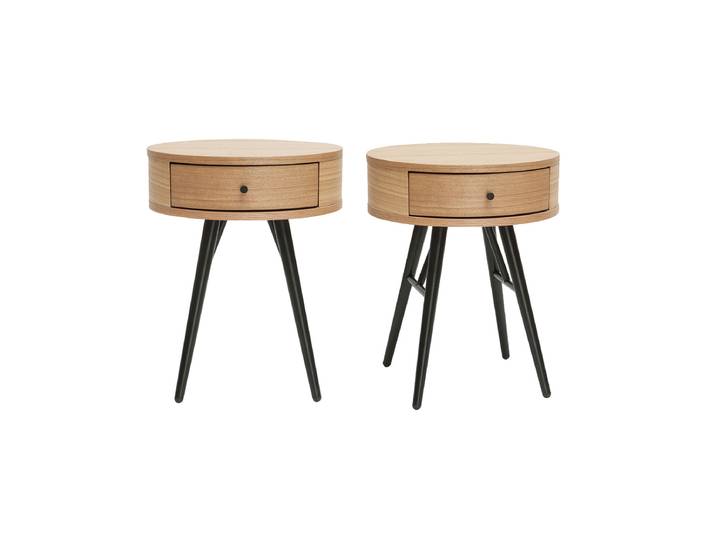 Tables de chevet rondes avec tiroir bois clair et métal noir (lot de 2) KORAL