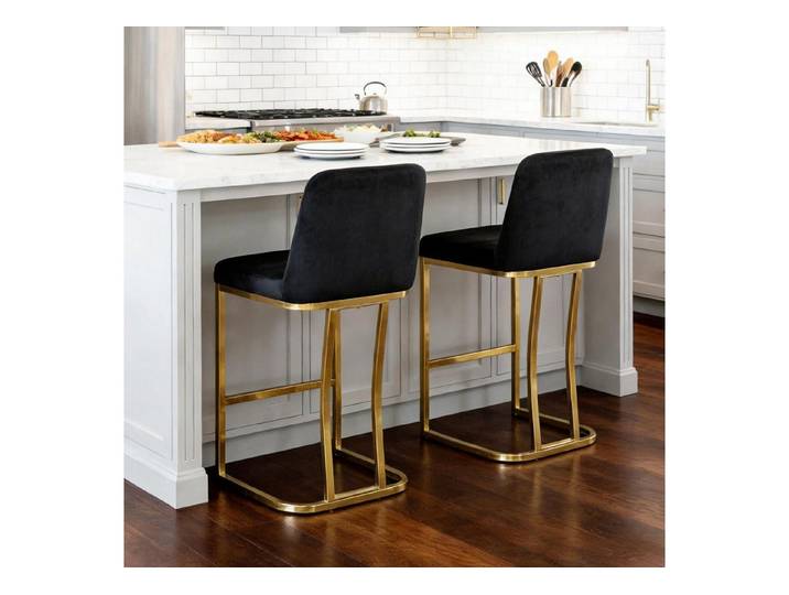 LuxusKollektion Barhocker Barhocker 2er Set Samt Metallbein Rückenlehne Schwarz 2 er set