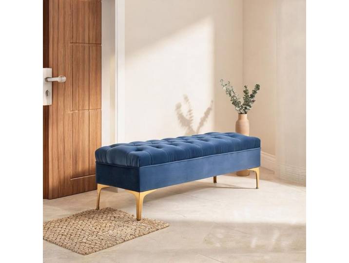 Banquette de rangement velours bleu avec pieds métalliques dorés 118 cm assise capitonnée style chic pour chambre et entrée