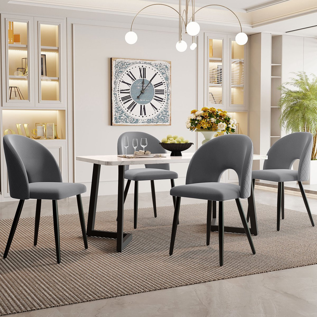 REDOM Eethoekset - 5-Delig - Eettafel met 4 Stoelen - Verstelbare Stoelpoten - Fluweel en MDF - Grijs