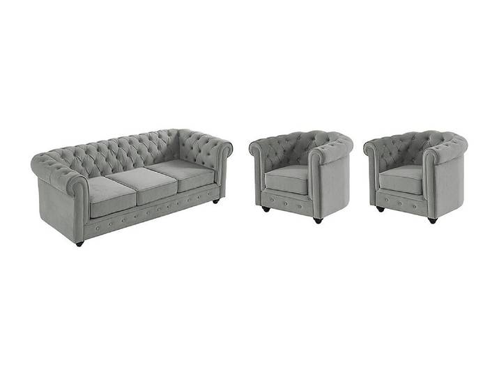 Couchgarnitur 3+1+1 - Samt - Hellgrau - CHESTERFIELD