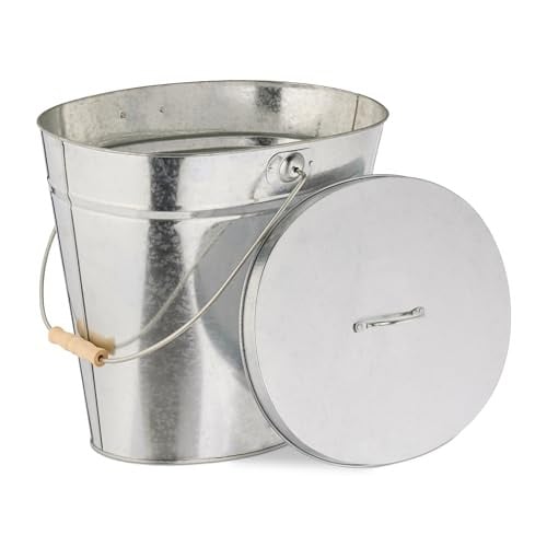 Relaxdays Asemmer met deksel en houten handvat, Zilver, Staal, B/D/H: 40,0 x 39,0 x 31,5 cm