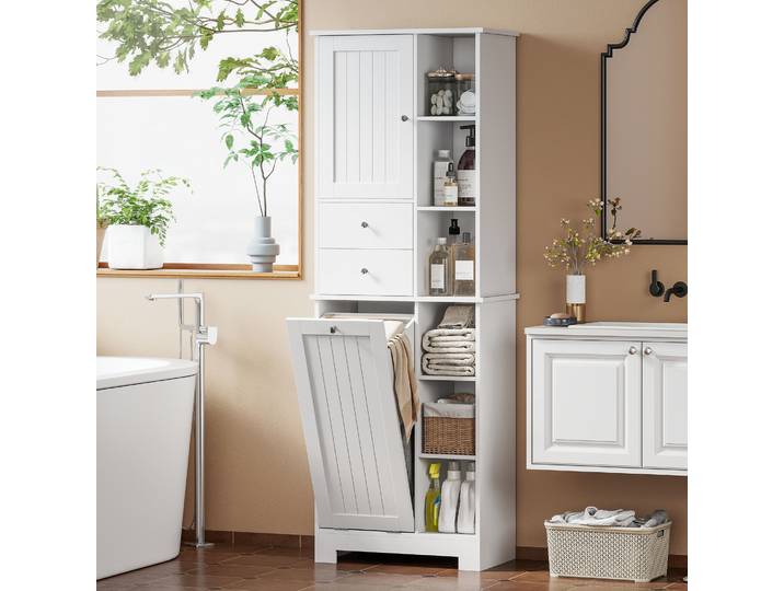 HOMCOM Armoire Salle de Bain Blanche Panier à Linge Tiroirs