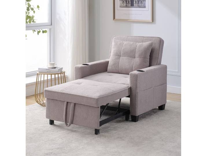 MEUBLIV Canapé-fauteuil convertible 3-en-1 1 place dossier réglable porte-gobelets port USB gris