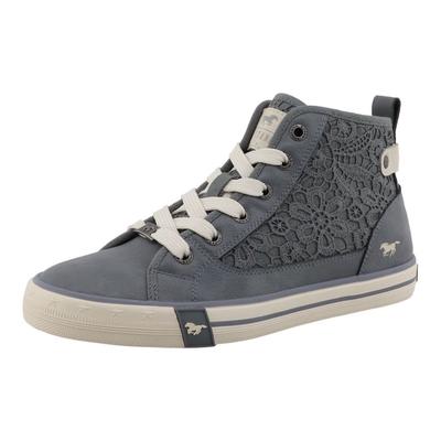 Sneaker MUSTANG SHOES "Winona", Damen, Gr. 39, grau (jeansblau), Lederimitat, Textil, Schuhe Sneaker, Schnürboots, High Top-Sneaker mit Blüten-Stickerei