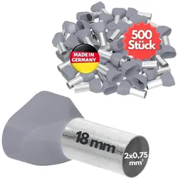 Kalitec, Kabelverbindung, 500 Stück AET07518GR Zwillingsaderendhülsen isoliert 2x0,75mm2 18mm lang grau I Made in Germ