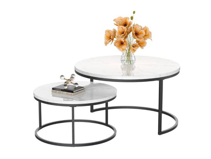 VLIVRA Table basse gigogne 2 tables - rondes empilables pour salon plateau mdf et cadre métal - blanc