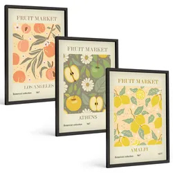 BILDER SET 3er Set - 40x60 cm Schwarzer Rahmen - Retro-Poster mit Fruchtmustern