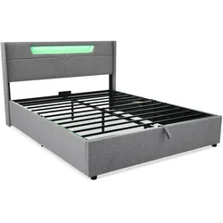 MODFU Polsterbett Leinen Grau 160x200 cm mit LED-Beleuchtung, USB-C, Stauraum und Lattenrost