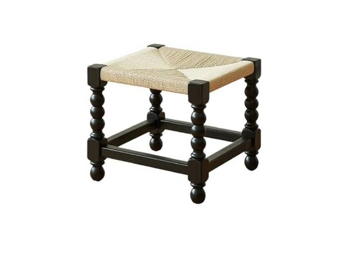 OUTIFUOTPP Schuhwechselhocker aus Holz im französischen Stil, antik, massiv, kreativer geflochtener Seilhocker, Designer, einfacher Wohnzimmer-Veranda-niedriger Hocker(Black B)