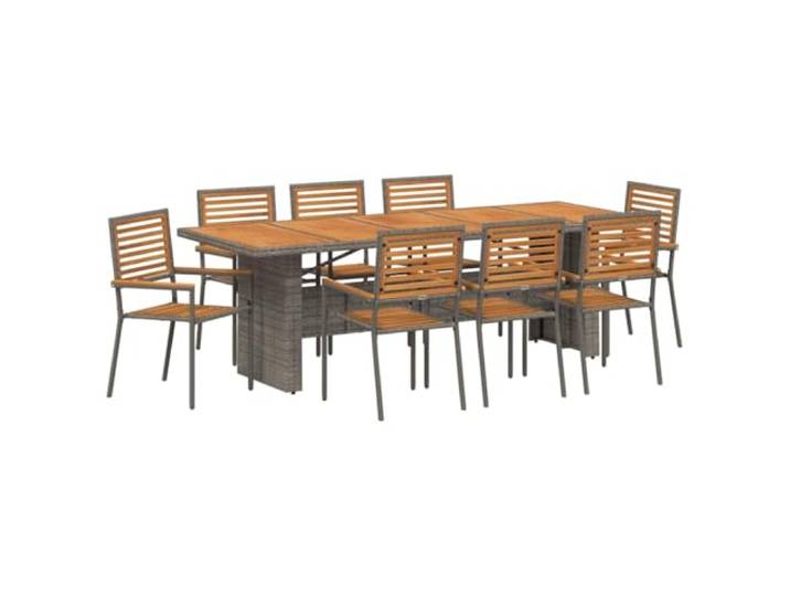 KUTYWEXFM 9-Teilige Garten Essgruppe Poly Rattan Tisch Set Grau Braun Großzügiges Outdoor Essset mit Akazienholz Tischplatte für 8 Personen auf der Terrasse oder im Innenhof.