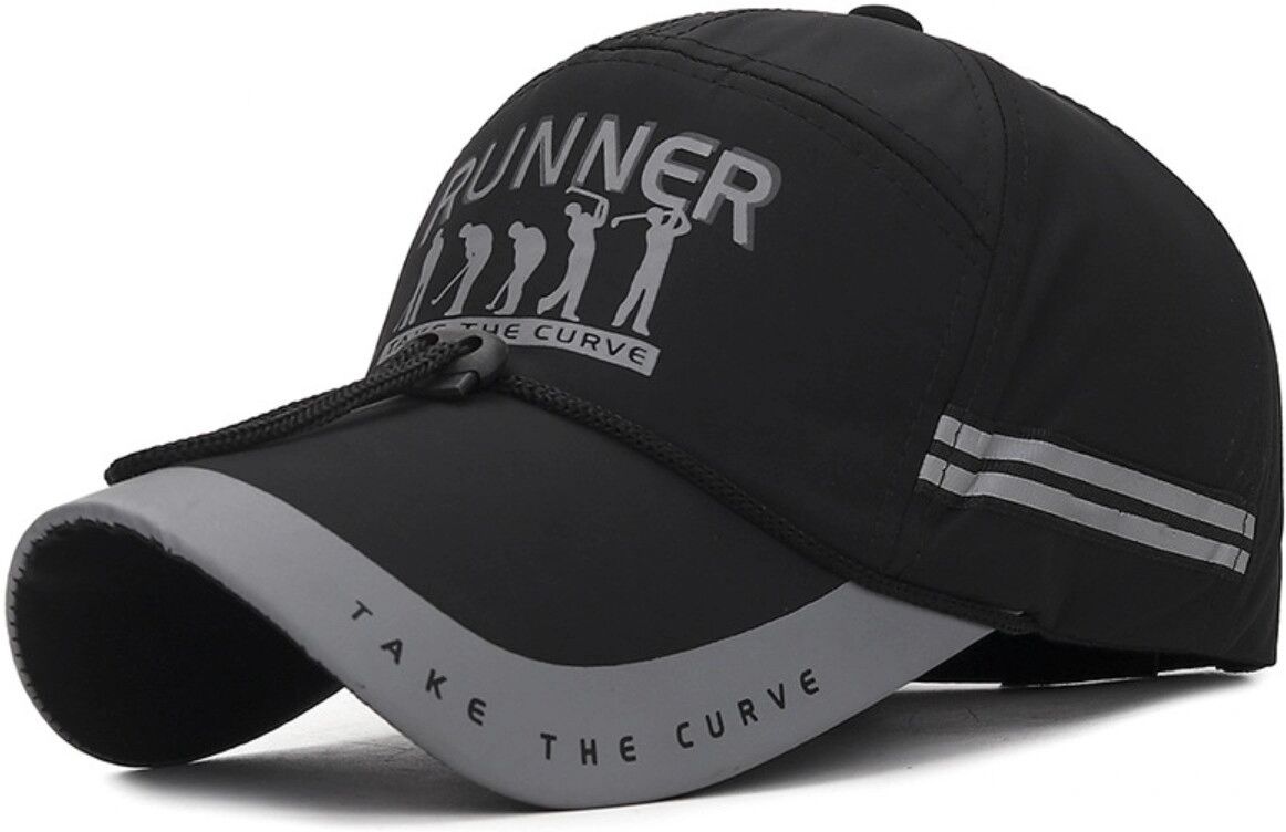 INF Baseballkappe mit verlängerter Krempe, reflektierendem Streifen und windfestem Kinnriemen, verstellbar, Polyester, Schwarz